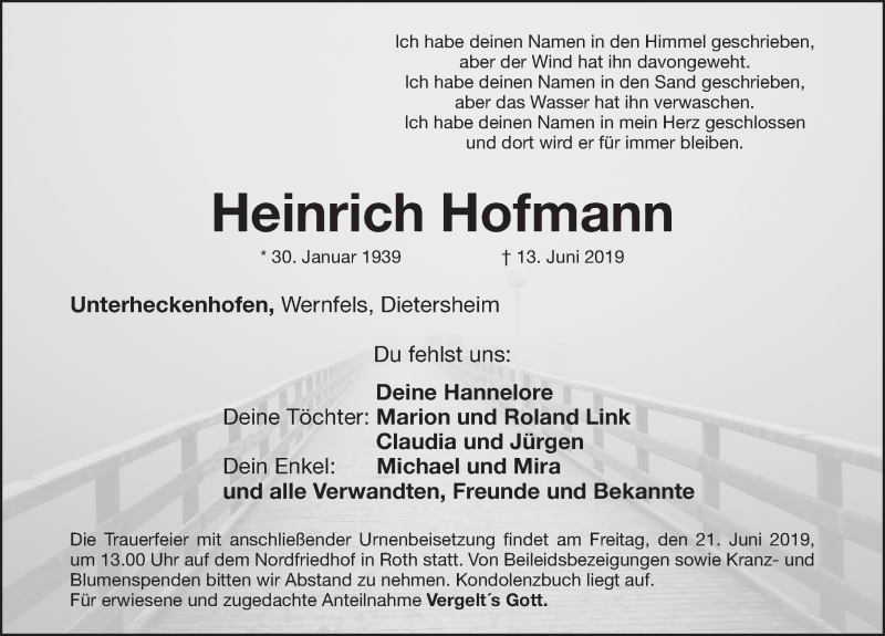  Traueranzeige für Heinrich Hofmann vom 15.06.2019 aus Roth-Hilpoltsteiner Volkszeitung Lokal