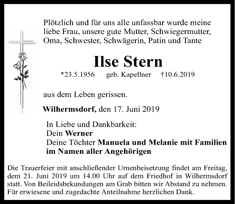  Traueranzeige für Ilse Stern vom 17.06.2019 aus Gesamtausgabe Nürnberger Nachrichten/ Nürnberger Ztg.