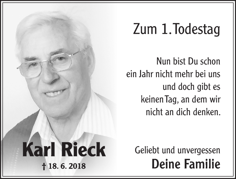  Traueranzeige für Karl Rieck vom 18.06.2019 aus Altmühl-Bote Lokal