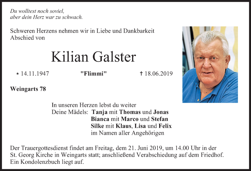  Traueranzeige für Kilian Galster vom 20.06.2019 aus Nordbayerische Nachrichten Forchheim Lokal