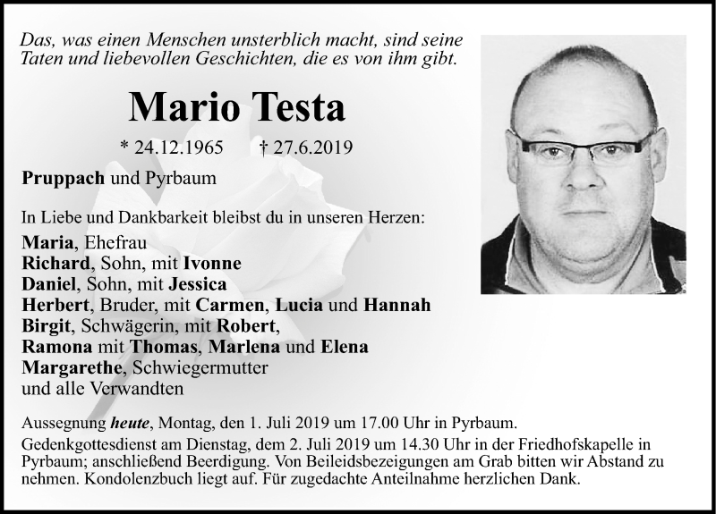  Traueranzeige für Mario Testa vom 01.07.2019 aus Neumarkter Nachrichten/ Roth-Hilpoltsteiner Volkszeitung