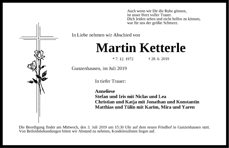  Traueranzeige für Martin Ketterle vom 01.07.2019 aus Altmühl-Bote Lokal