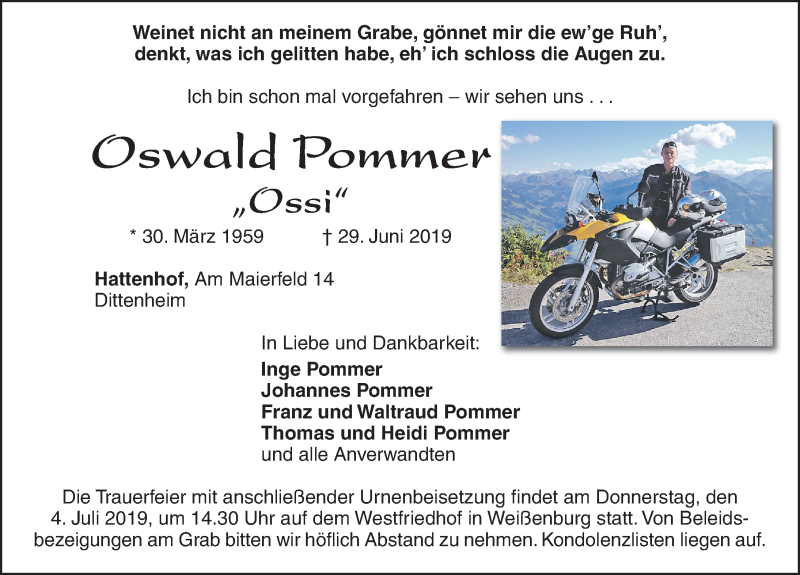  Traueranzeige für Oswald Pommer vom 01.07.2019 aus Altmühl-Bote Lokal