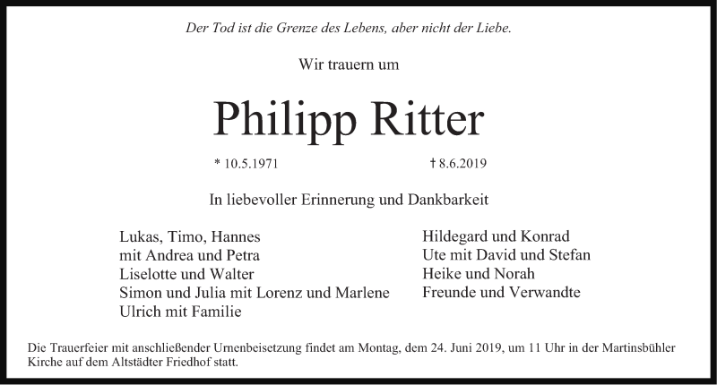  Traueranzeige für Philipp Ritter vom 15.06.2019 aus Erlanger Nachrichten Lokal