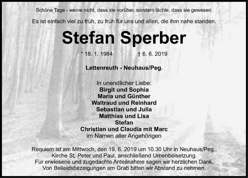  Traueranzeige für Stefan Sperber vom 15.06.2019 aus Nordbayerische Nachrichten Pegnitz Lokal