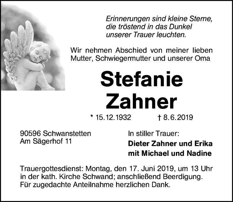  Traueranzeige für Stefanie Zahner vom 15.06.2019 aus Schwabach