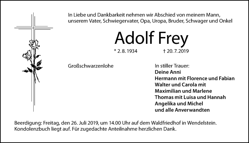  Traueranzeige für Adolf Frey vom 23.07.2019 aus Schwabach