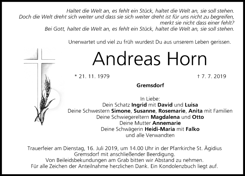  Traueranzeige für Andreas Horn vom 13.07.2019 aus Erlanger Nachrichten/ Nordbayer. Nachrichten Herzogenaurach