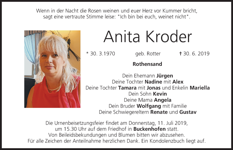  Traueranzeige für Anita Kroder vom 06.07.2019 aus Nordbayerische Nachrichten Forchheim Lokal
