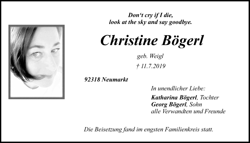  Traueranzeige für Christine Bögerl vom 16.07.2019 aus Neumarkter Nachrichten Lokal