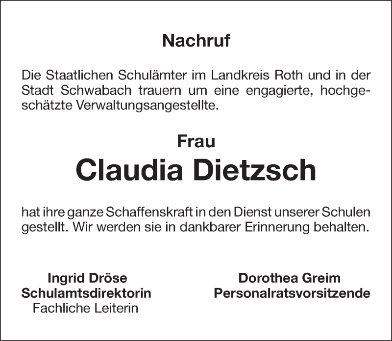  Traueranzeige für Claudia Dietzsch vom 08.07.2019 aus Roth-Hilpoltsteiner Volkszeitung Lokal