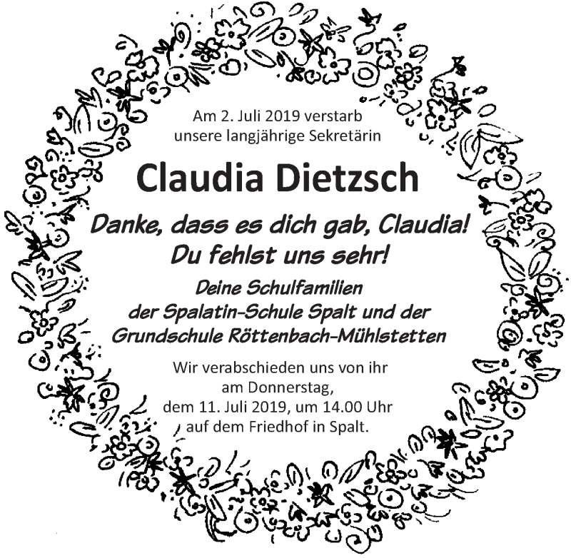  Traueranzeige für Claudia Dietzsch vom 08.07.2019 aus Roth-Hilpoltsteiner Volkszeitung Lokal