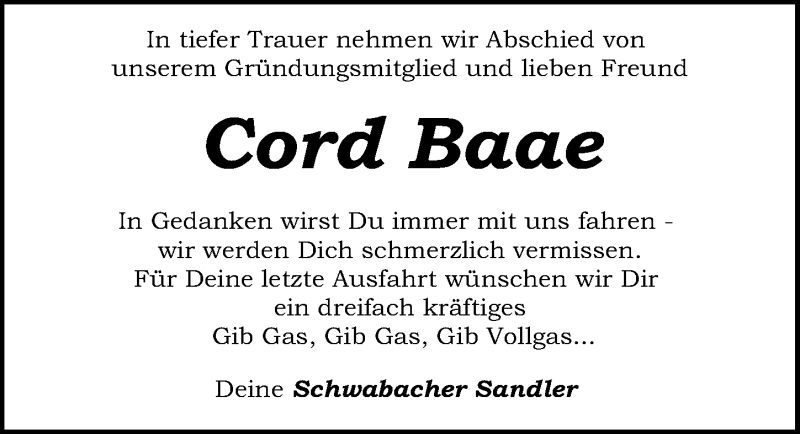  Traueranzeige für Cord Baae vom 20.07.2019 aus Schwabach