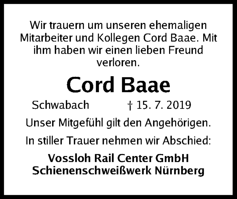  Traueranzeige für Cord Baae vom 27.07.2019 aus Gesamtausgabe Nürnberger Nachrichten/ Nürnberger Ztg.