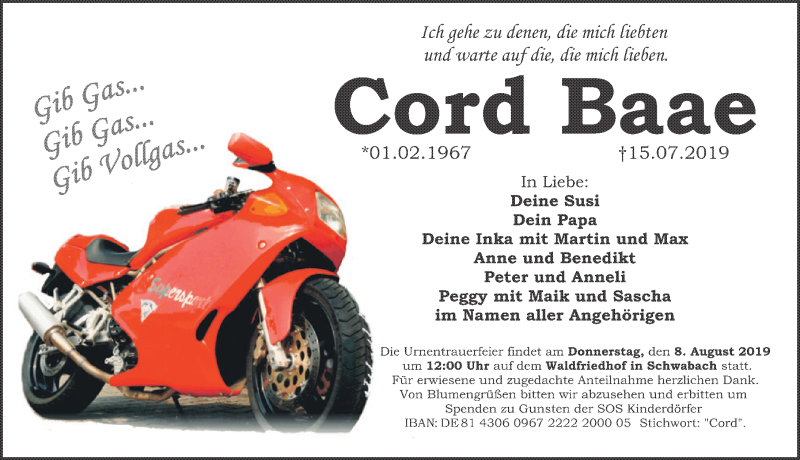  Traueranzeige für Cord Baae vom 20.07.2019 aus Schwabach