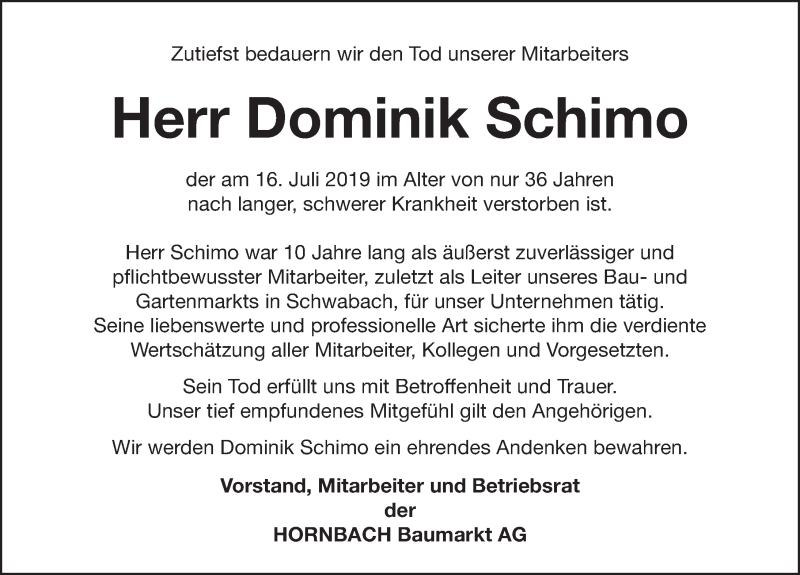  Traueranzeige für Dominik Schimo vom 22.07.2019 aus Gesamtausgabe Nürnberger Nachrichten/ Nürnberger Ztg.