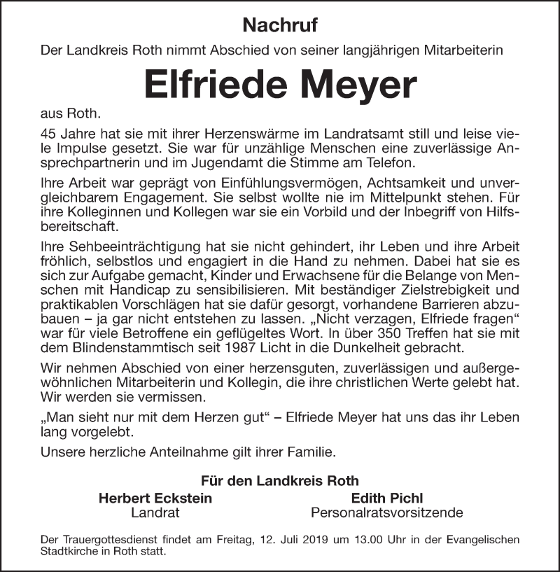  Traueranzeige für Elfriede Meyer vom 11.07.2019 aus Roth-Hilpoltsteiner Volkszeitung Lokal