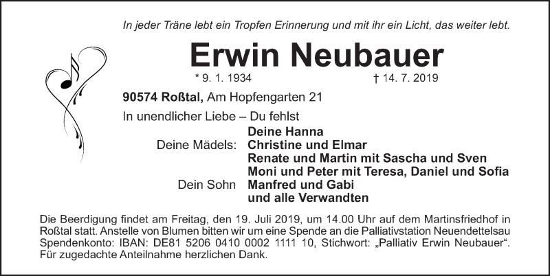  Traueranzeige für Erwin Neubauer vom 17.07.2019 aus Gesamtausgabe Nürnberger Nachrichten/ Nürnberger Ztg.