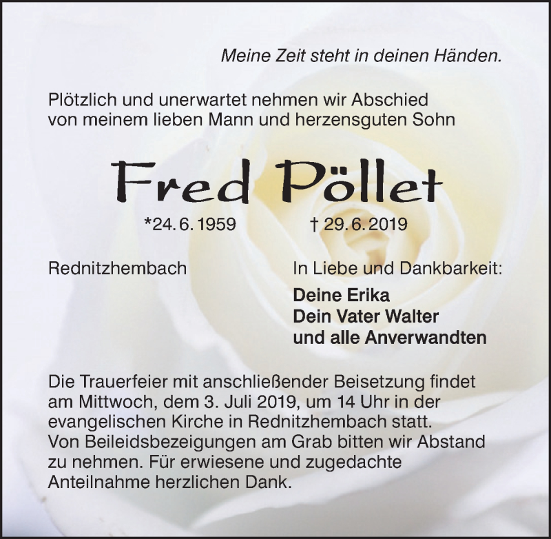  Traueranzeige für Fred Pöllet vom 01.07.2019 aus Schwabach