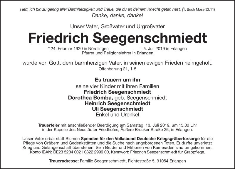  Traueranzeige für Friedrich Seegenschmiedt vom 09.07.2019 aus Erlanger Nachrichten Lokal