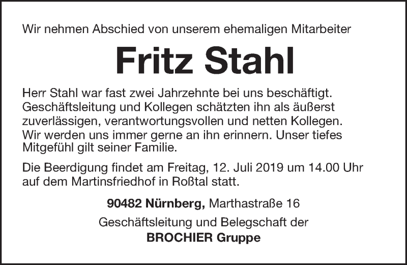  Traueranzeige für Fritz Stahl vom 11.07.2019 aus Gesamtausgabe Nürnberger Nachrichten/ Nürnberger Ztg.