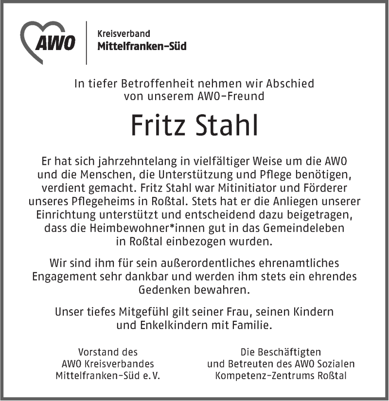  Traueranzeige für Fritz Stahl vom 13.07.2019 aus Fürther Nachrichten Lokal
