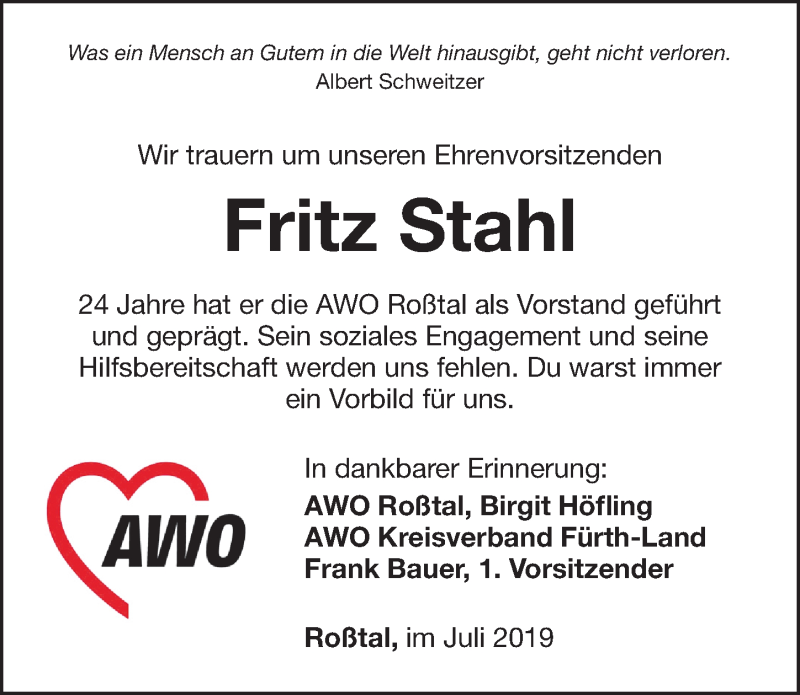  Traueranzeige für Fritz Stahl vom 12.07.2019 aus Fürther Nachrichten Lokal