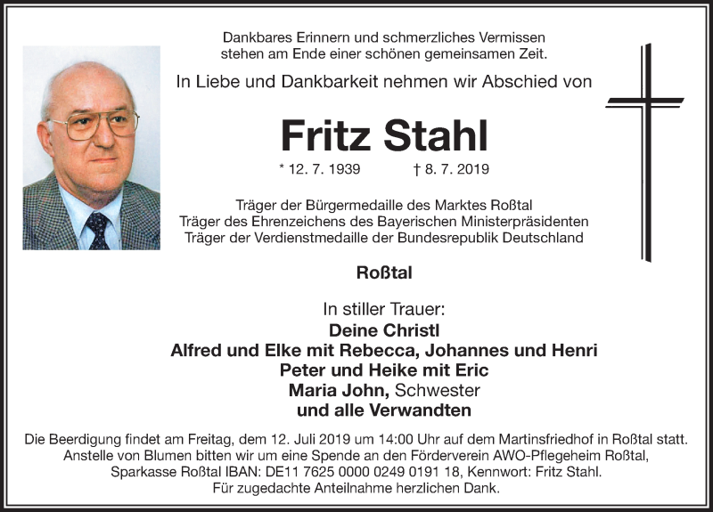  Traueranzeige für Fritz Stahl vom 10.07.2019 aus Fürther Nachrichten Lokal