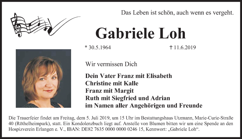  Traueranzeige für Gabriele Loh vom 29.06.2019 aus Erlanger Nachrichten Lokal