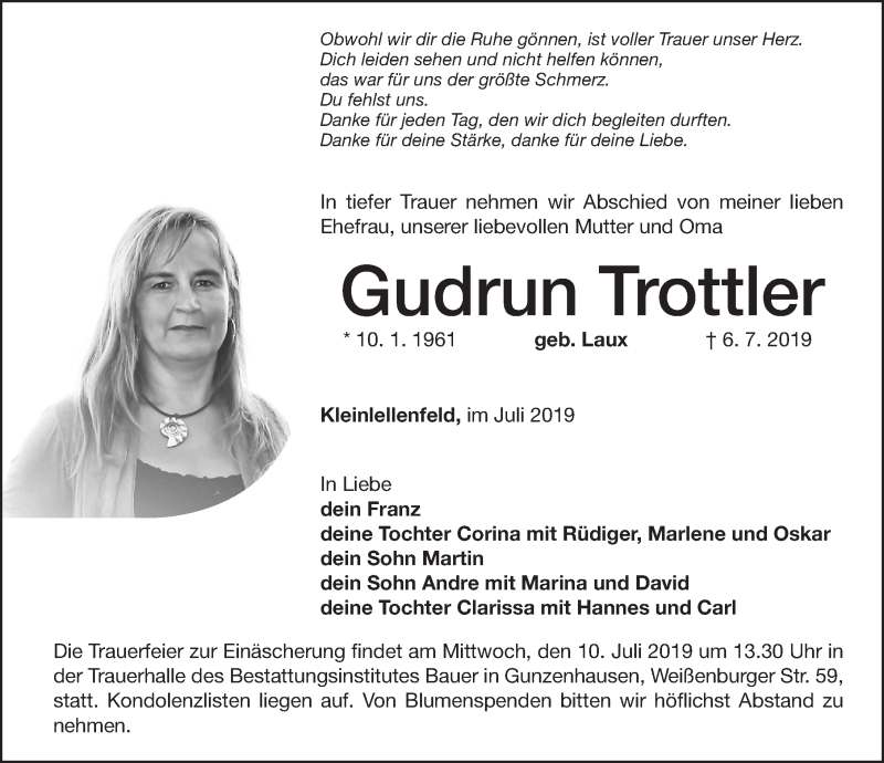  Traueranzeige für Gudrun Trottler vom 09.07.2019 aus Altmühl-Bote Lokal