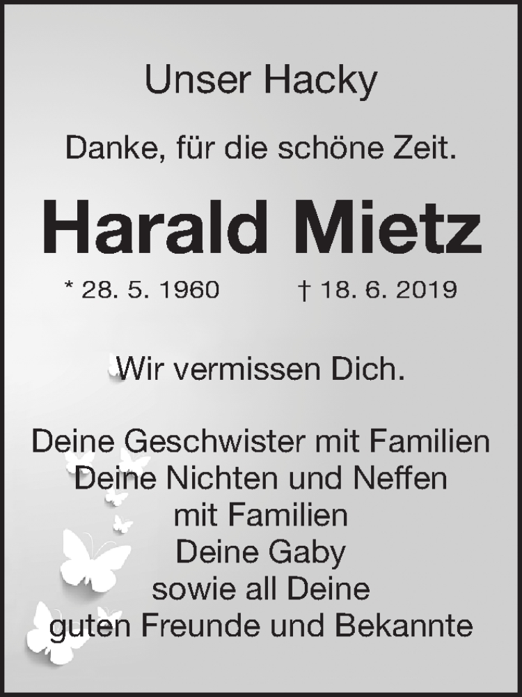  Traueranzeige für Harald Mietz vom 17.07.2019 aus Fürther Nachrichten Lokal