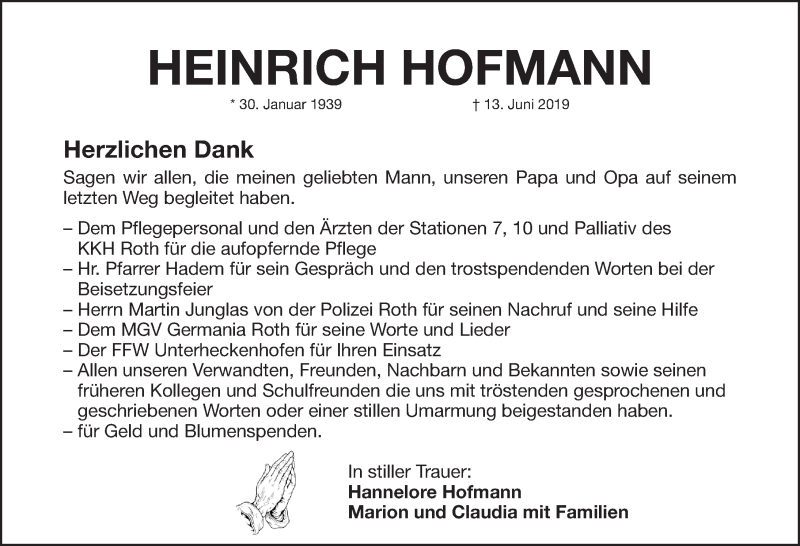  Traueranzeige für Heinrich Hofmann vom 29.06.2019 aus Roth-Hilpoltsteiner Volkszeitung Lokal