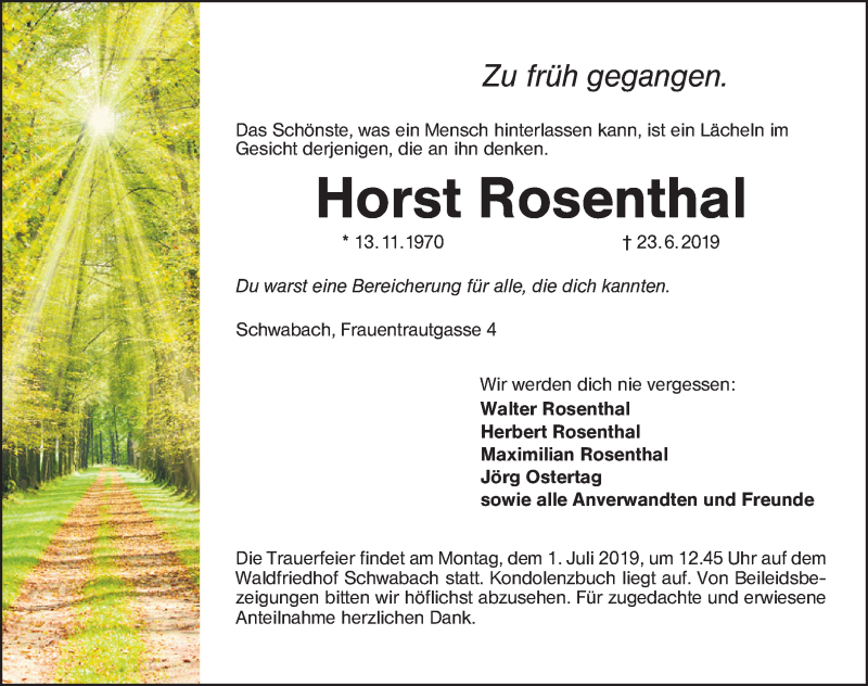  Traueranzeige für Horst Rosenthal vom 29.06.2019 aus Gesamtausgabe Nürnberger Nachrichten/ Nürnberger Ztg.