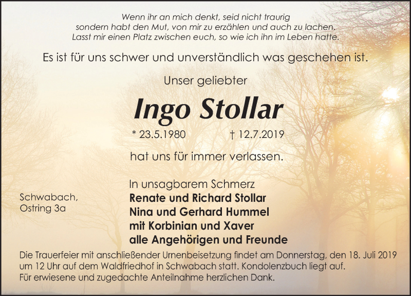  Traueranzeige für Ingo Stollar vom 17.07.2019 aus Schwabach