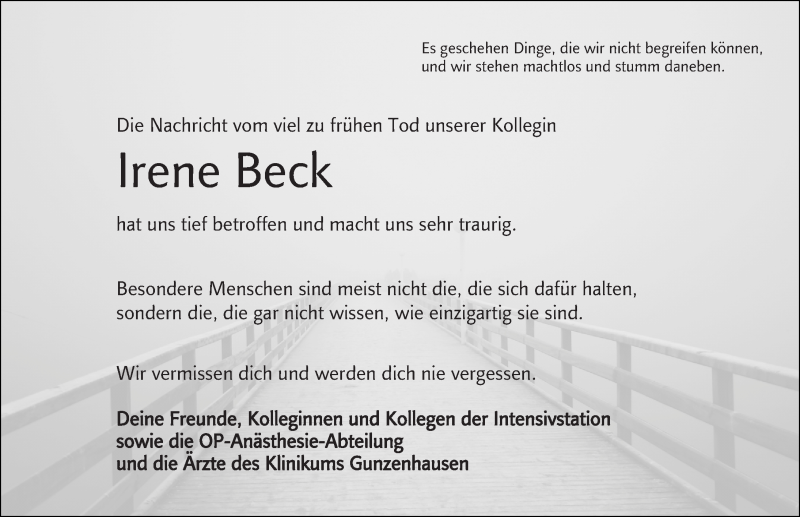 Traueranzeige für Irene Beck vom 29.06.2019 aus Altmühl-Bote Lokal