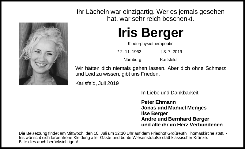  Traueranzeige für Iris Berger vom 06.07.2019 aus Erlanger Nachrichten/ Nordbayer. Nachrichten Forchheim