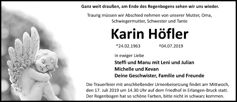  Traueranzeige für Karin Höfler vom 10.07.2019 aus Erlanger Nachrichten Lokal