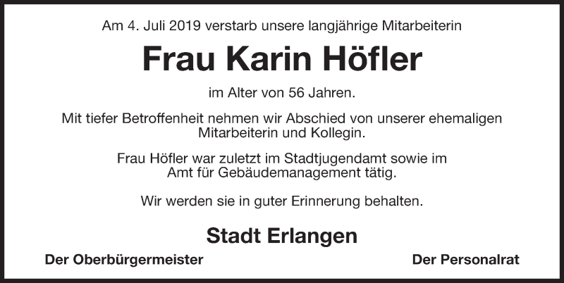  Traueranzeige für Karin Höfler vom 18.07.2019 aus Erlanger Nachrichten Lokal