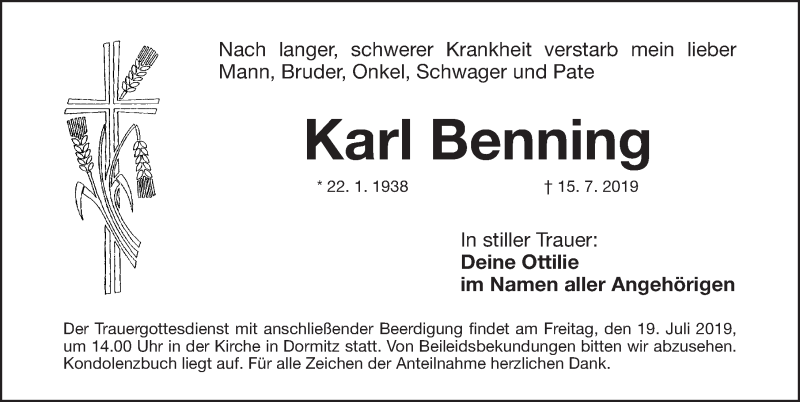  Traueranzeige für Karl Benning vom 17.07.2019 aus Erlanger Nachrichten Lokal