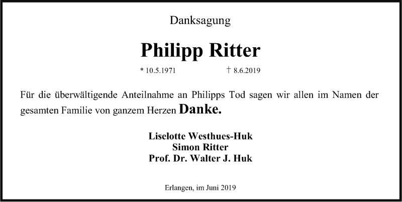  Traueranzeige für Philipp Ritter vom 29.06.2019 aus Erlanger Nachrichten Lokal