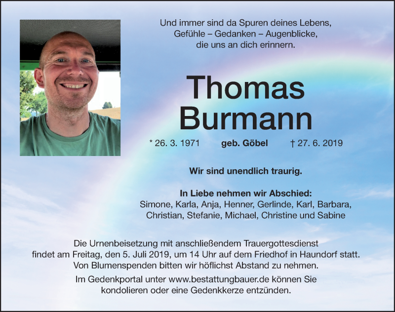  Traueranzeige für Thomas Burmann vom 02.07.2019 aus Altmühl-Bote Lokal