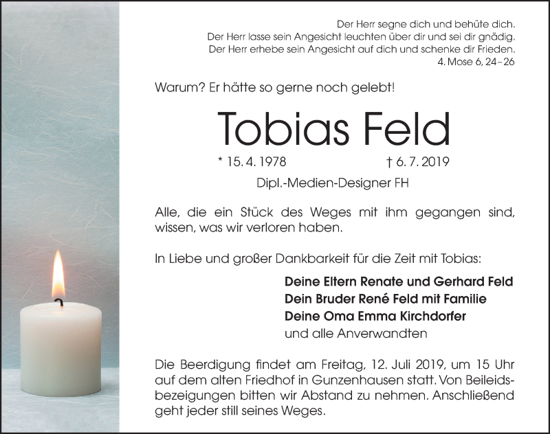  Traueranzeige für Tobias Feld vom 11.07.2019 aus Altmühl-Bote Lokal