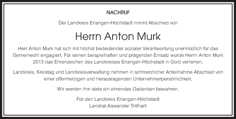  Traueranzeige für Anton Murk vom 16.08.2019 aus Erlanger Nachrichten Lokal
