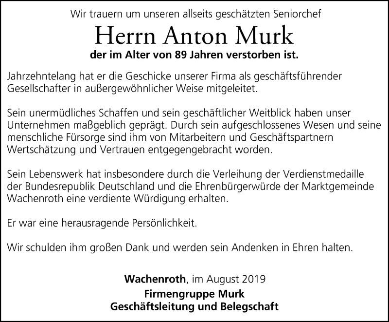  Traueranzeige für Anton Murk vom 14.08.2019 aus Erlanger Nachrichten/ Nordbayer. Nachrichten Herzogenaurach