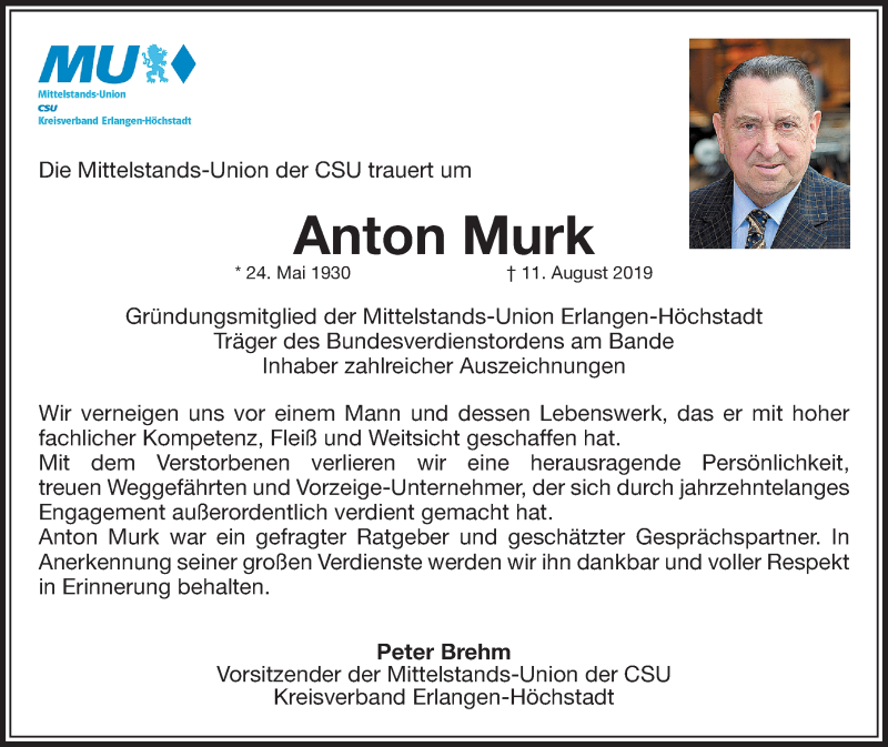  Traueranzeige für Anton Murk vom 16.08.2019 aus Nordbayerische Nachrichten Herzogenaurach Lokal