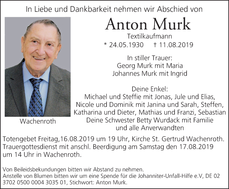  Traueranzeige für Anton Murk vom 14.08.2019 aus Erlanger Nachrichten/ Nordbayer. Nachrichten Herzogenaurach