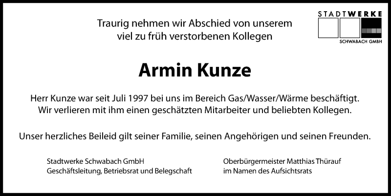  Traueranzeige für Armin Kunze vom 17.08.2019 aus Schwabach