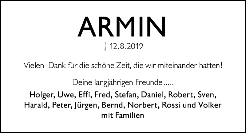  Traueranzeige für Armin Kunze vom 21.08.2019 aus Schwabach