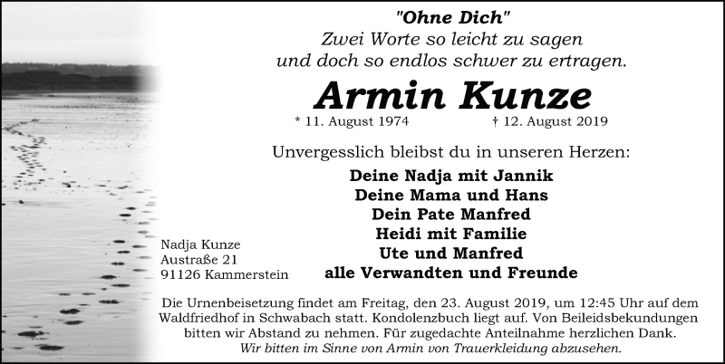  Traueranzeige für Armin Kunze vom 17.08.2019 aus Schwabach