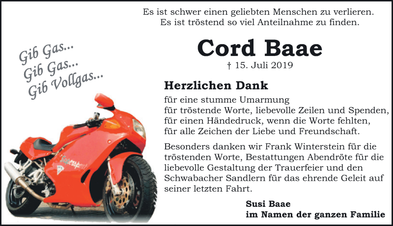  Traueranzeige für Cord Baae vom 17.08.2019 aus Schwabach